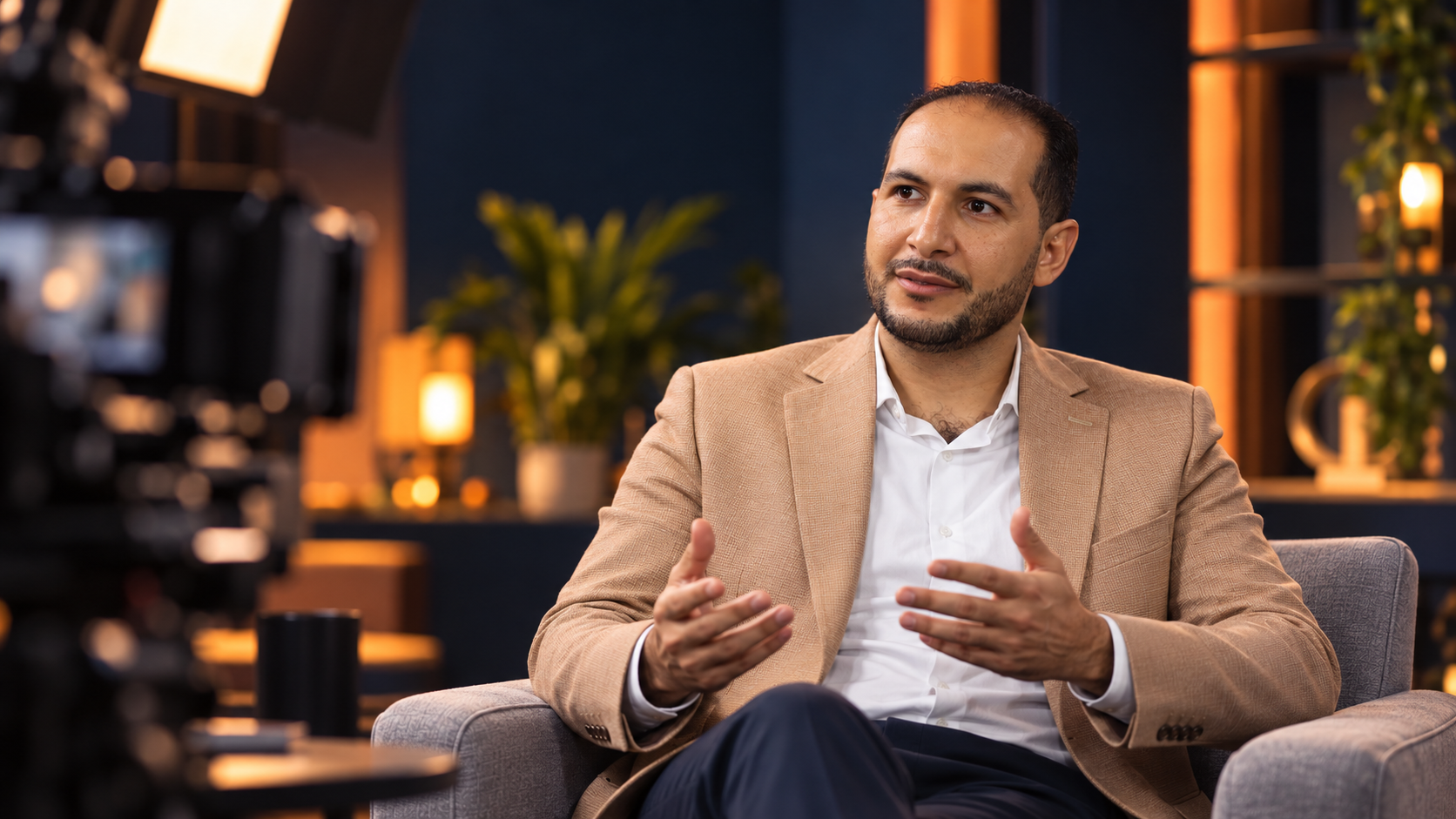 أحمد الشرنوبي داخل استوديو إنتاج إعلامي — صورة تعريفية مصممة للموقع